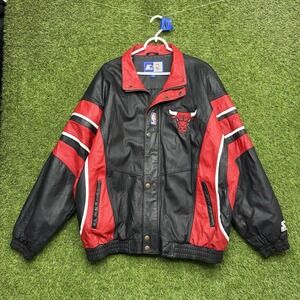 Vintage Chicago Bulls Starter Leather Jacket Mens XL Black Red Full Zip Heavy